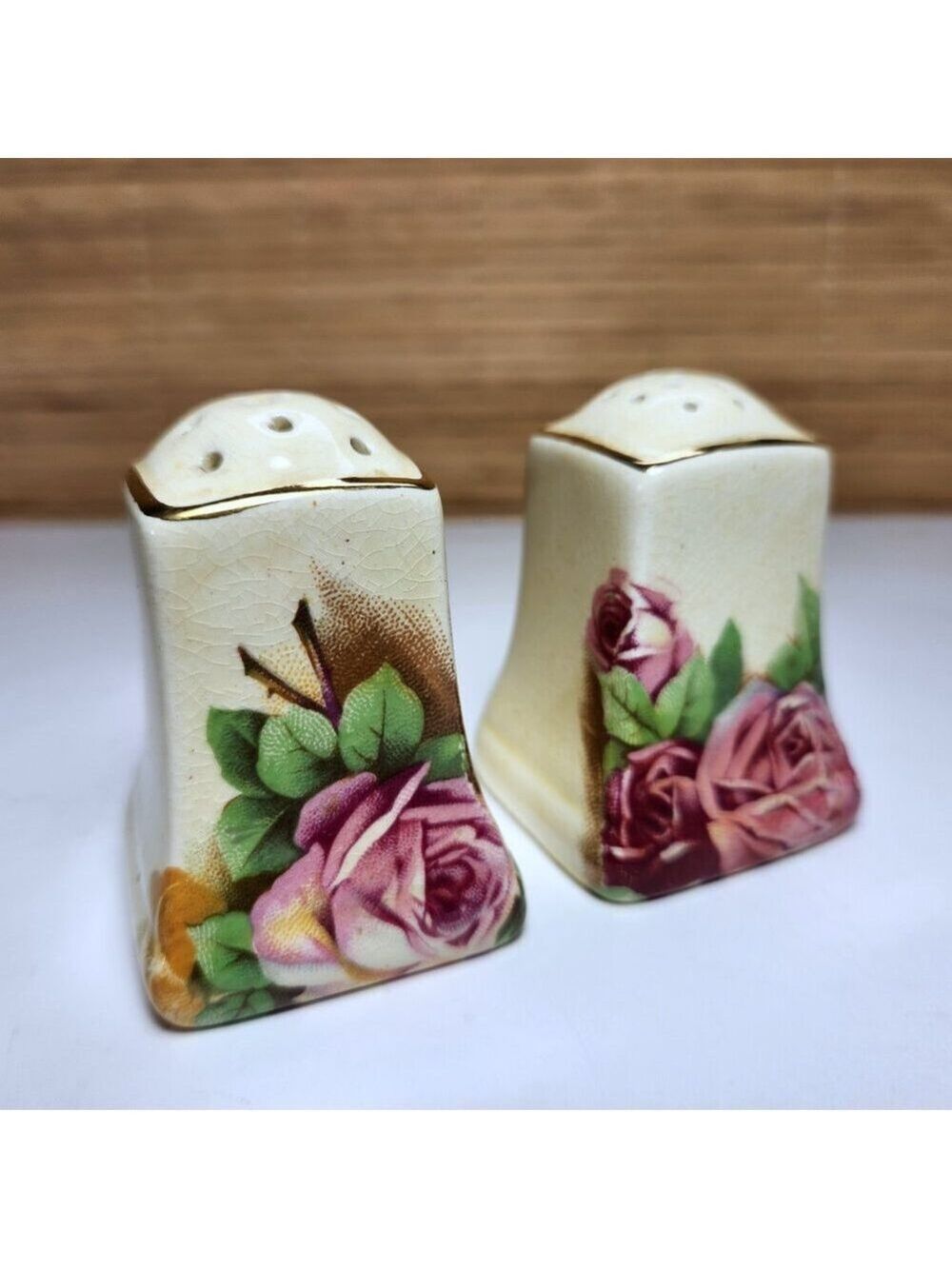 Vintage English Porcelain Salt and Pepper Shakers Pink Roses Gold Trim England